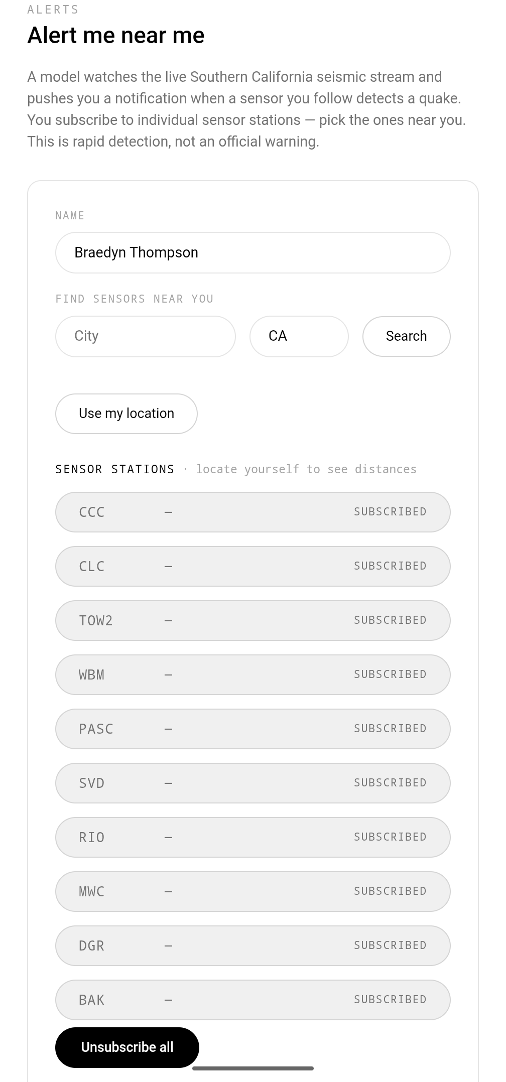 Alert me near me station subscription screen